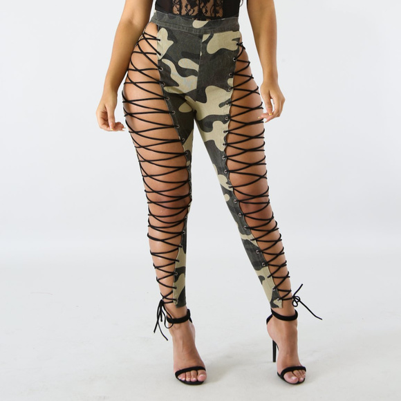 Womens Lace Up Camo Legging Pants 